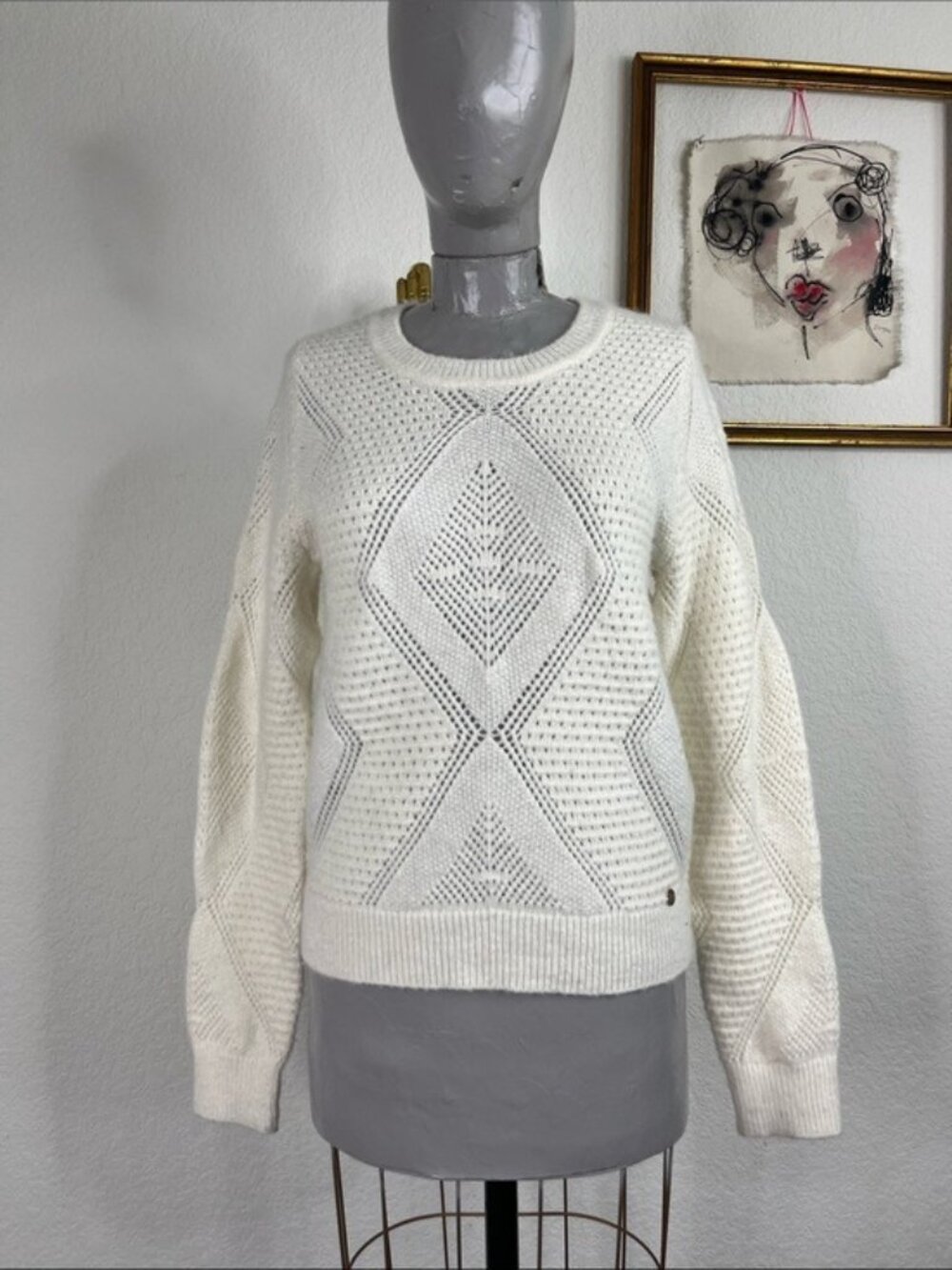 La Petite Etoile Diamond Pointelle Open Knit Logo Plaque Crew Sweater